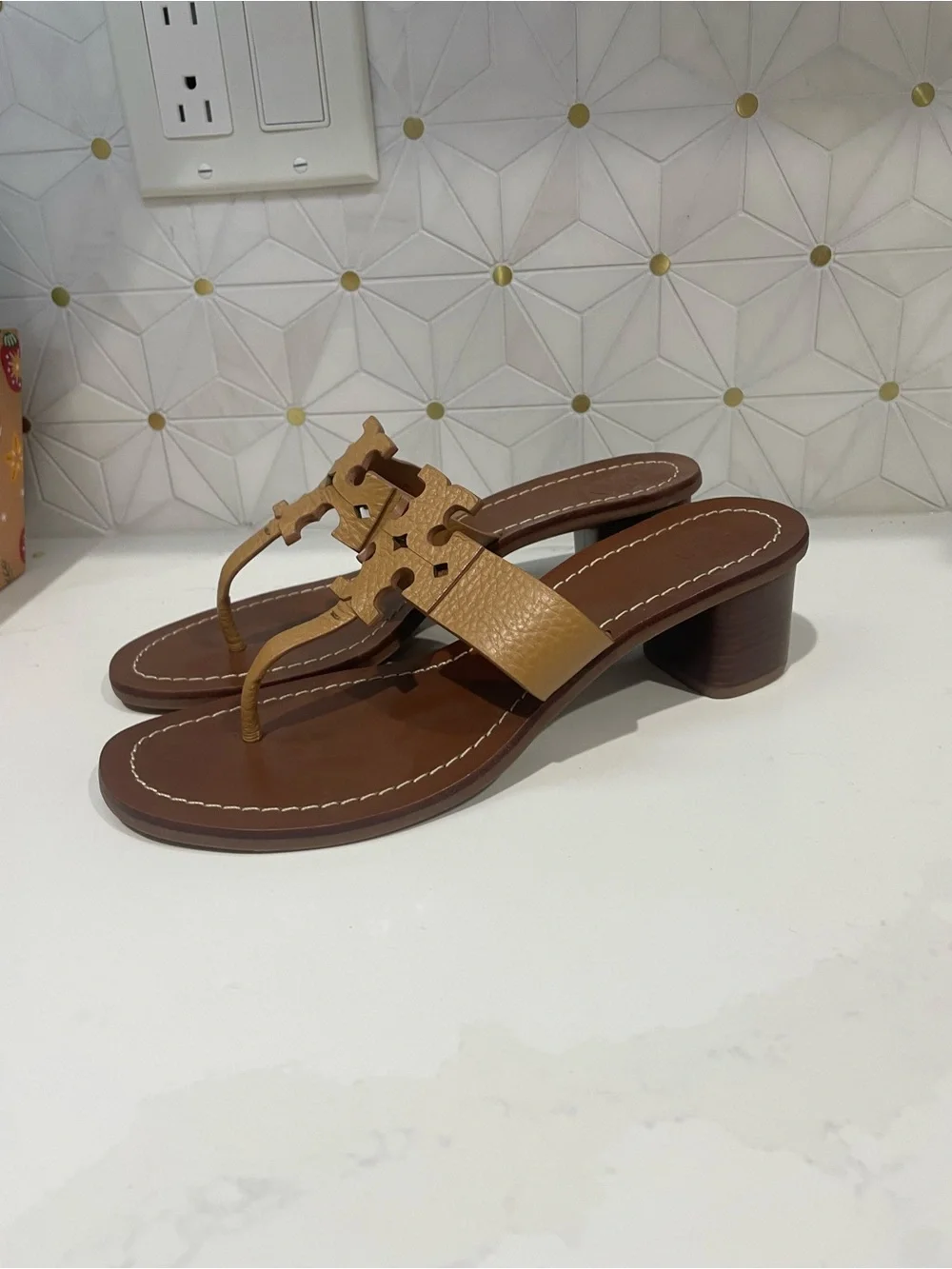 Tory Burch Tan Leather Miller Thong Sandals
